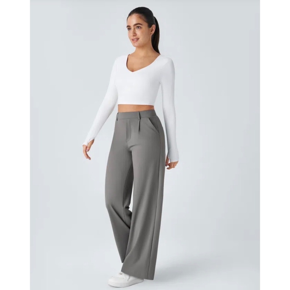 Halara Gray Wide Leg Pleated Trouser Pants XL Petite High Rise Stretch Pockets